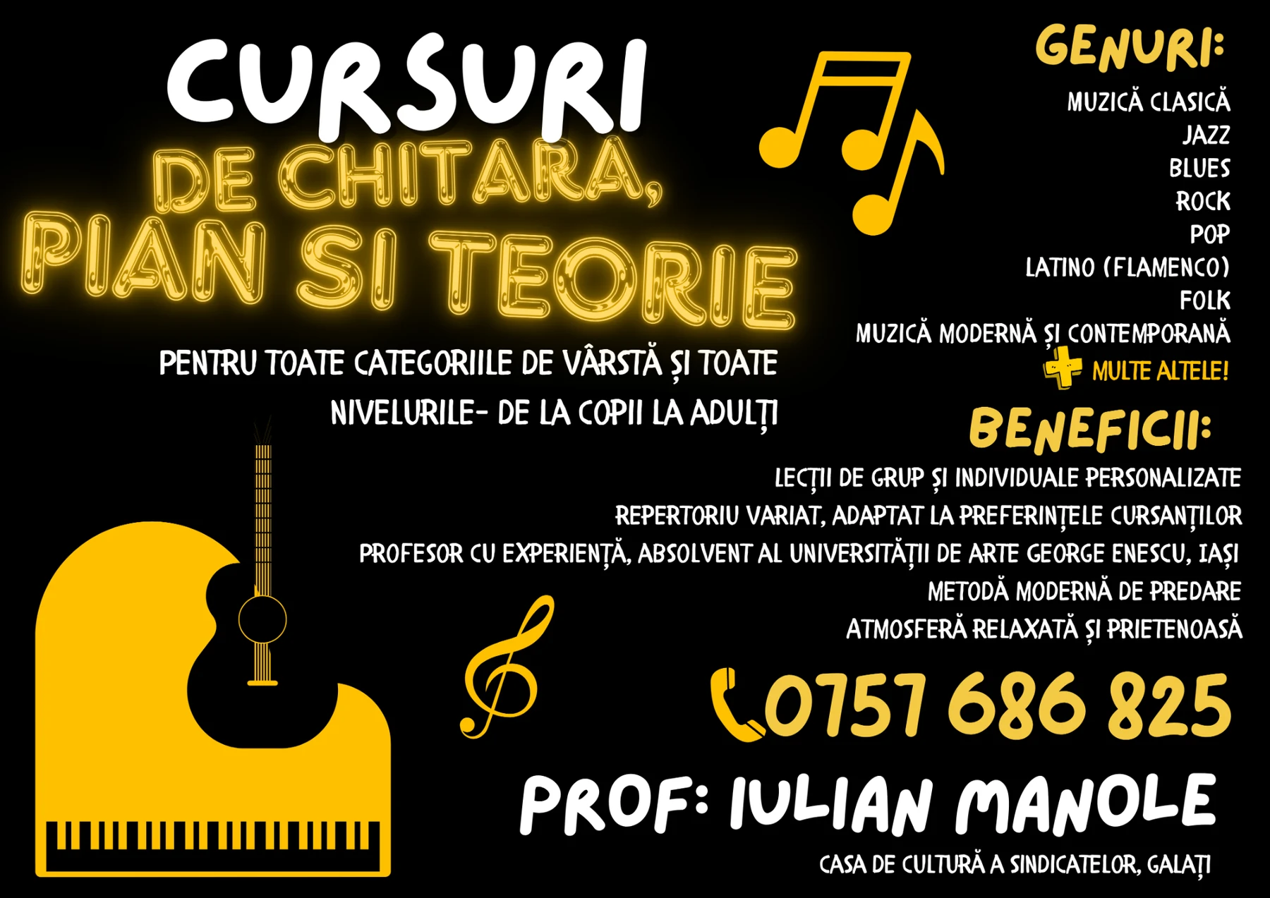 Poster pentru cursuri de chitară, pian și teorie